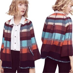 Anthopologie HWR Monogram Wool Blend Red Plaid Swing Cardigan Zip size Small